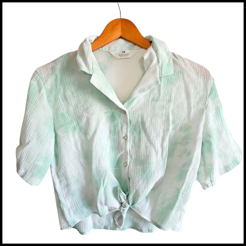 H&M Tie-Front Top Girls Short Sleeve Button-Up Shirt Green White Size 13-14